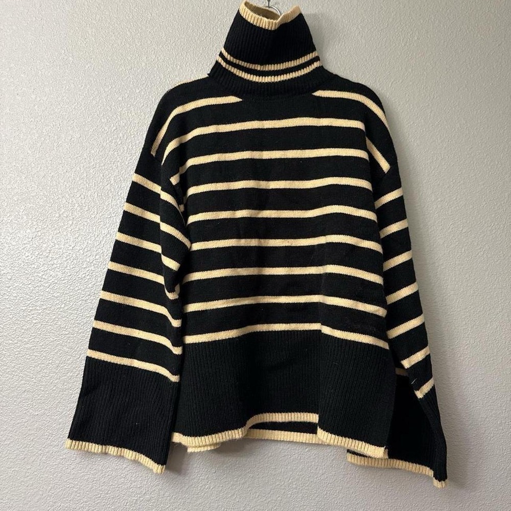 OSHOPLIVE Women's High Neck Wide Sleeve Striped Panel Loose Thick Knit Sweater